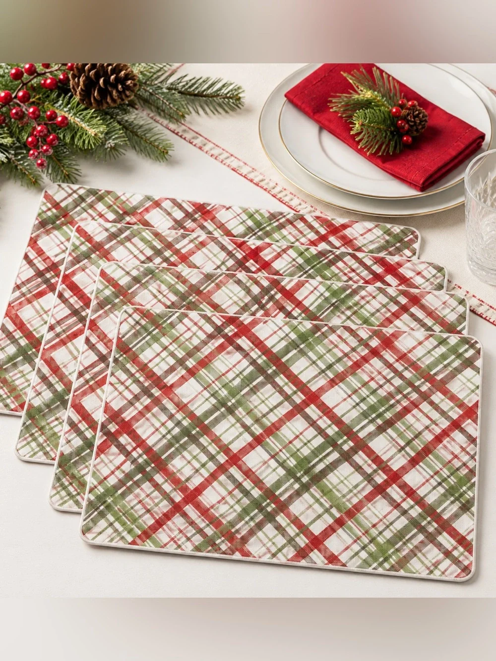 Christmas Plaid Placemats Set of 4 Red Green Holiday 12x18